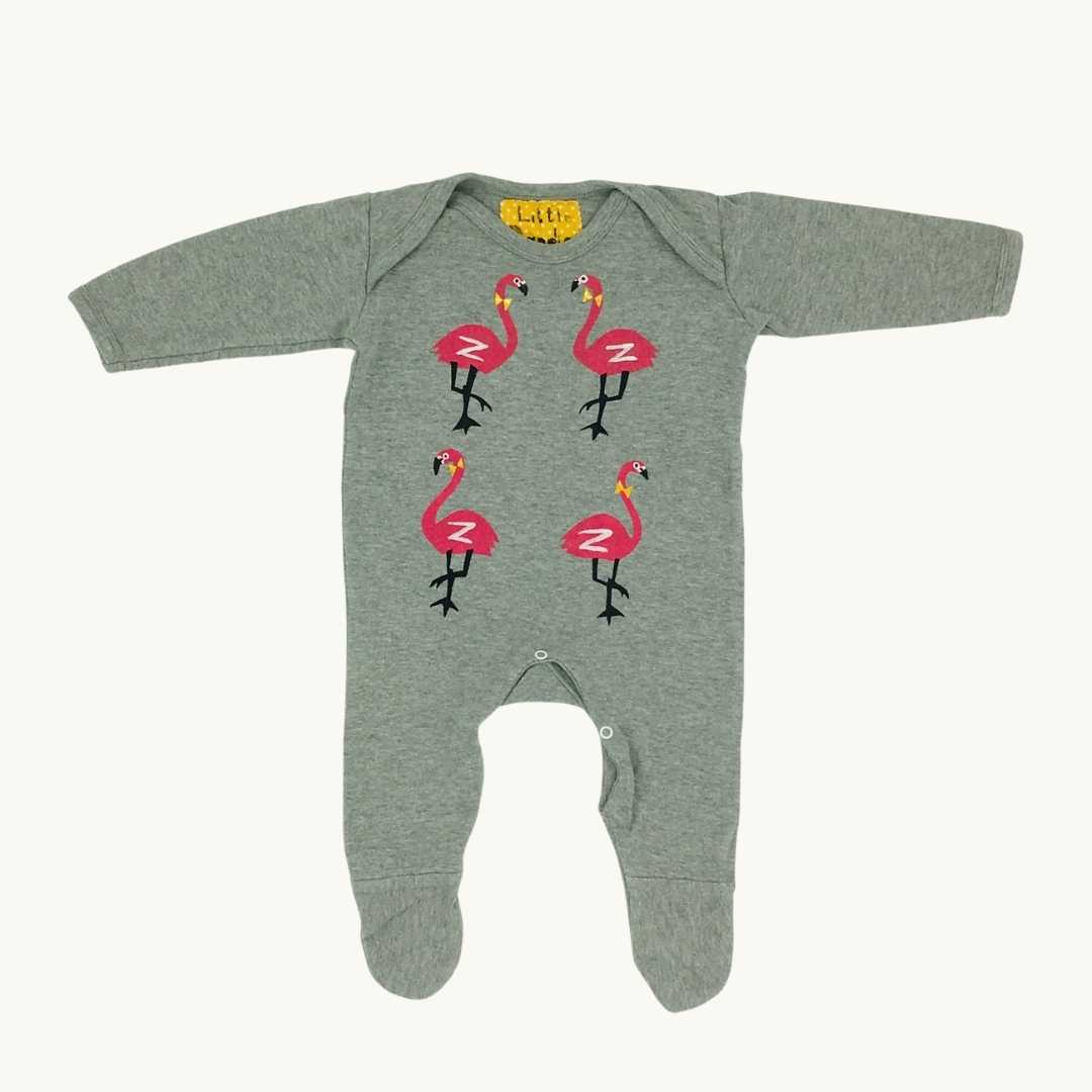 Gently Worn Little Dandies grey flamingo sleepsuit size 6-12 months