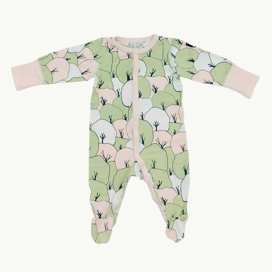 Gently Worn Polarn O Pyret pastel tree sleepsuit size 2-6 months