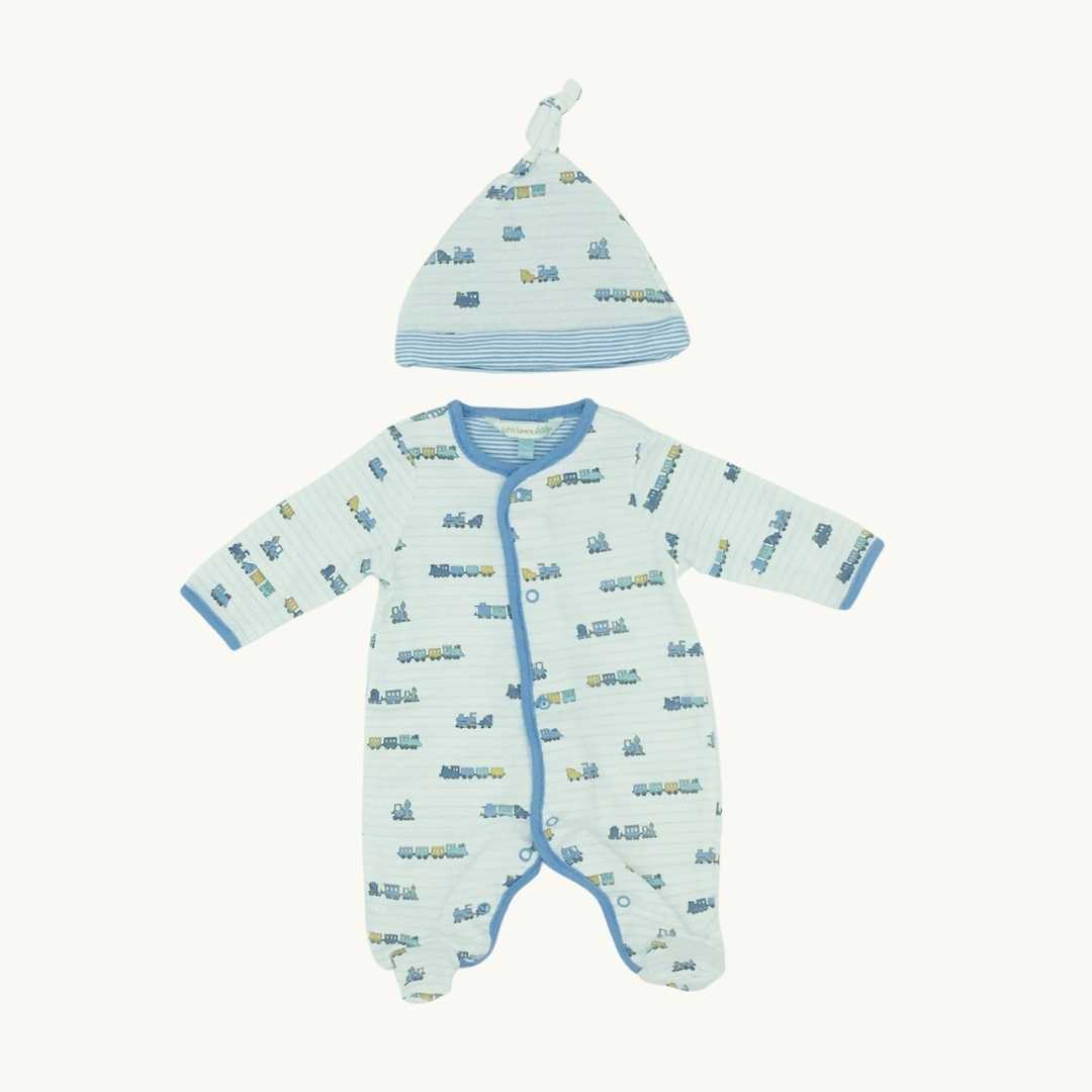 Hardly Worn John Lewis striped train sleepsuit size Tiny Baby