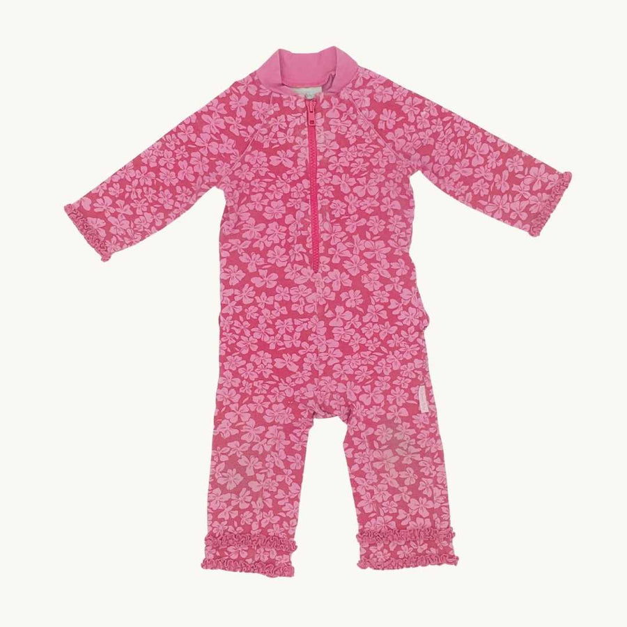 Needs TLC Jojo Maman Bebe pink flower zip-up romper size 6-12 months