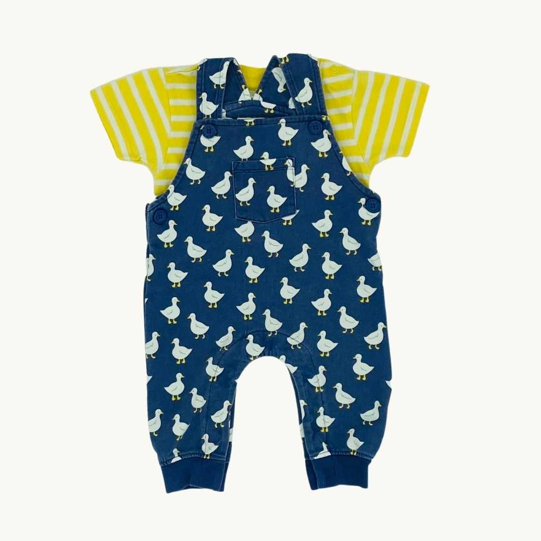 Hardly Worn JoJo Maman Bebe duck romper dungaree set size 3-6 months