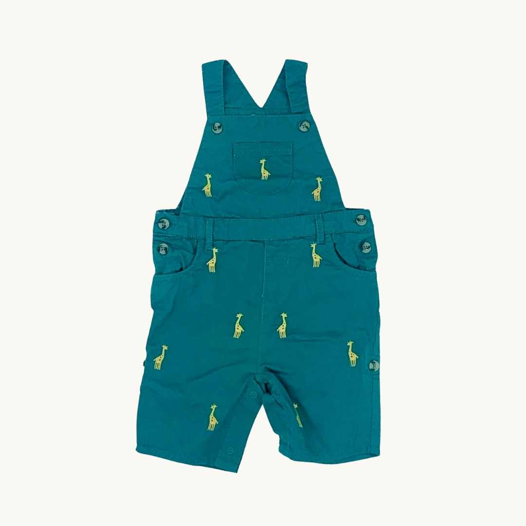 Hardly Worn John Lewis green giraffe dungarees size 3-6 months