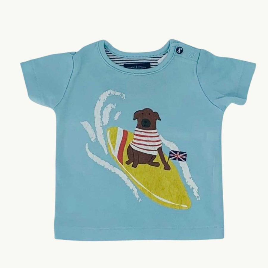 Needs TLC Joules  blue surfing puppy t-shirt size 3-6 months