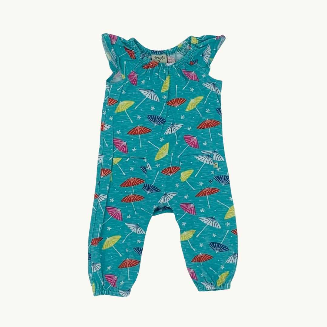 Hardly Worn Frugi green umbrella romper size 0-3 months