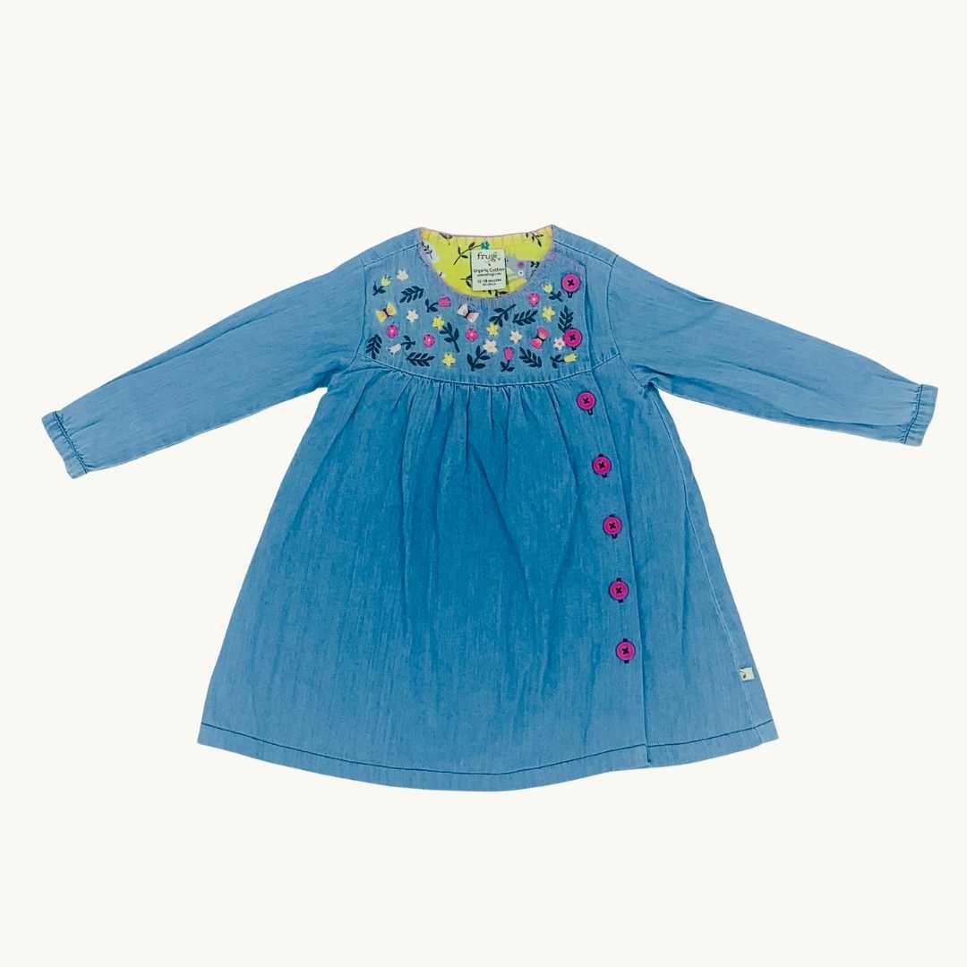 Hardly Worn Frugi denim embroidered dress size 12-18 months