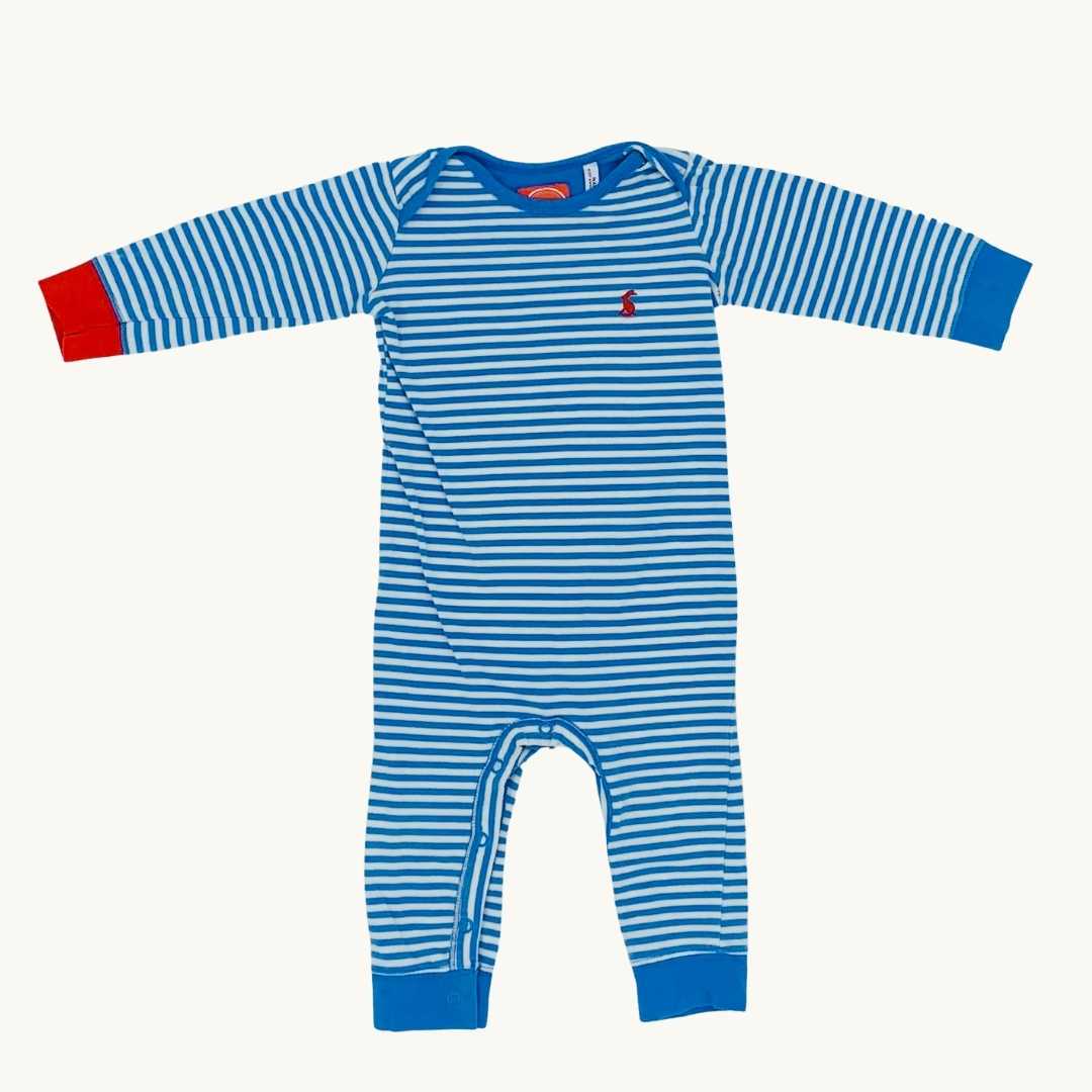 Needs TLC Joules light blue striped romper size 6-9 months