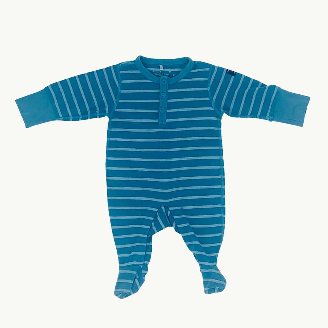 Hardly Worn Polarn O Pyret blue striped sleepsuit size 0-2 months